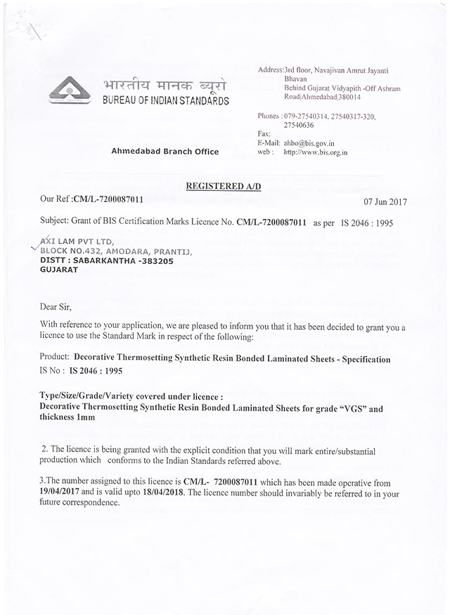 AXILAM ISI CERTIFICATE